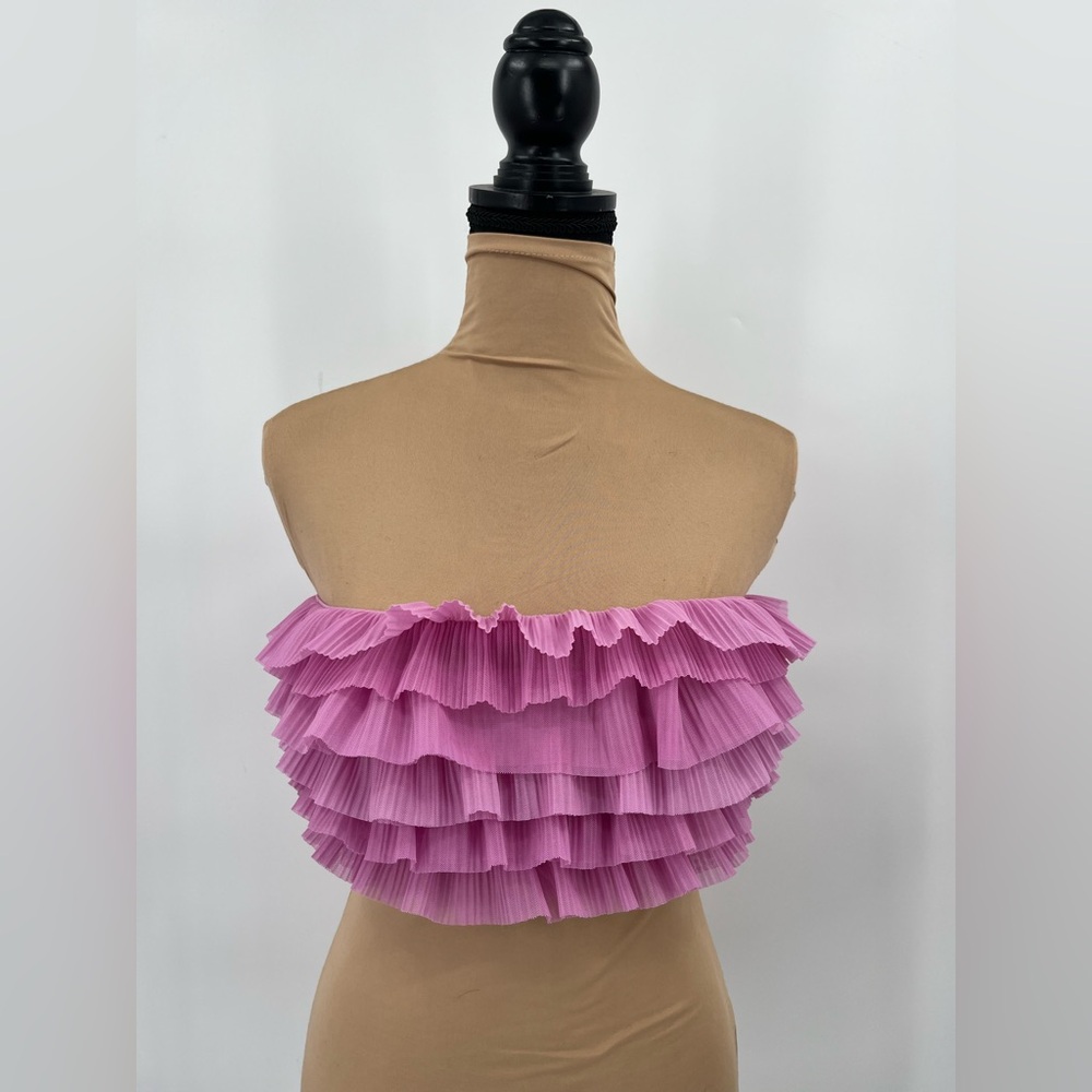 Zara pink ruffle tulle strapless crop top S party Barbiecore Y2K coquette - Picture 3 of 13